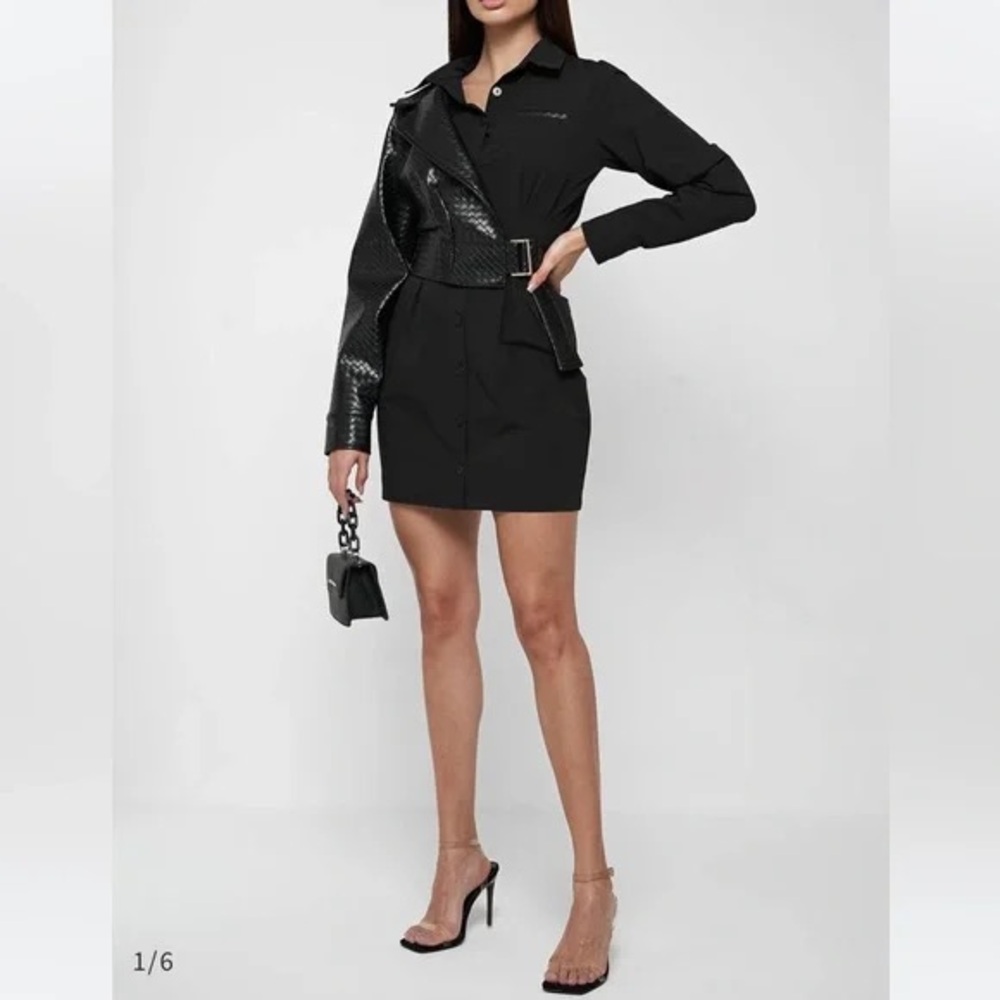 Maniere De Voir Black Woven Vegan Leather Blazer Overlay Shirt Dress Size 2 NWT